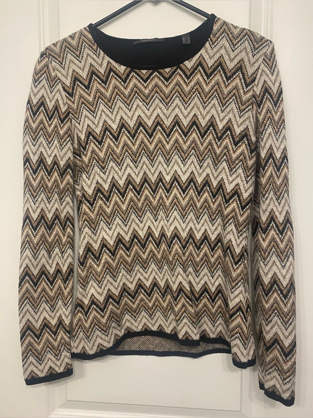 ESPRIT Chevron Zigzag Knit Sweater Neutral Metallic Long Sleeve Size Small